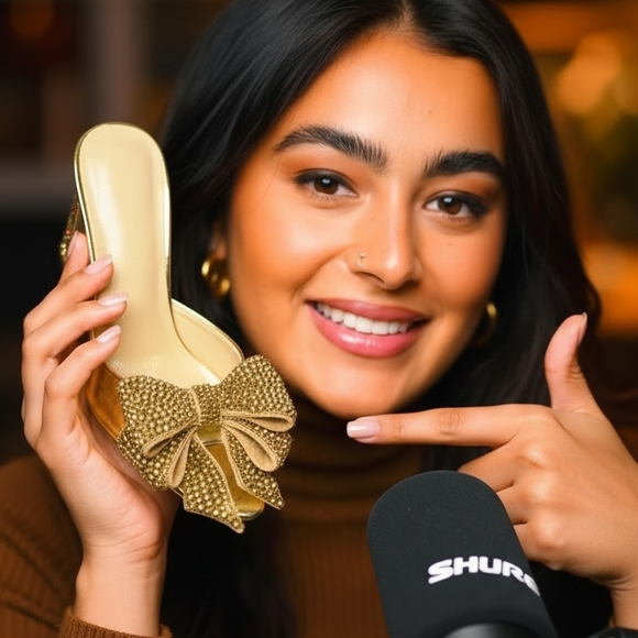 Chic Gold Bow Mules With Multi Colored Stone Jeweled Heels - Picture 3 of 6
